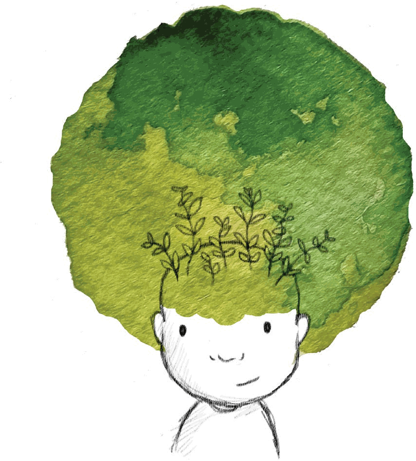 Ilustração de uma criança com o cabelo em aguarela verde, de onde crescem plantas — de Rita Correia